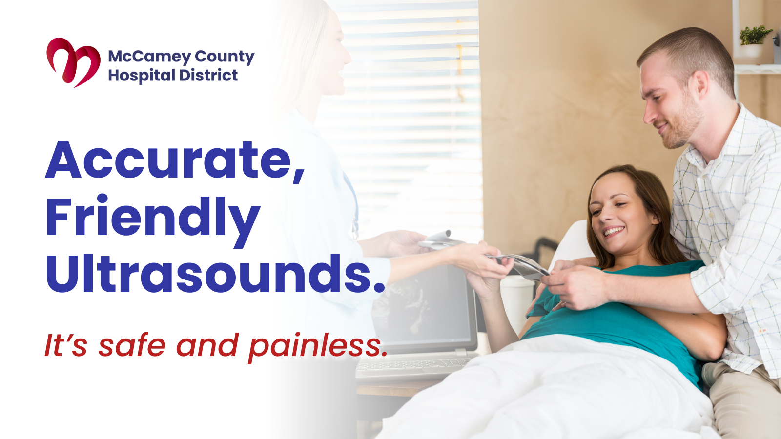 banner image promoting ultrasound imaging featuring an expectant mom and husband with a provider