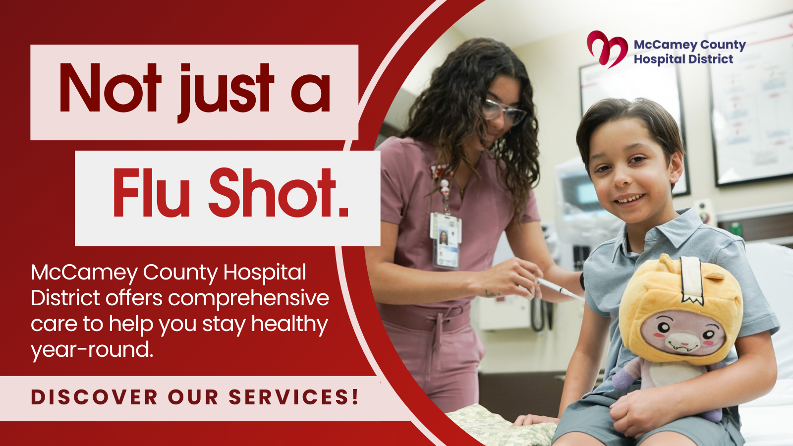 banner image promoting flu shots featuring a young boy with a provider