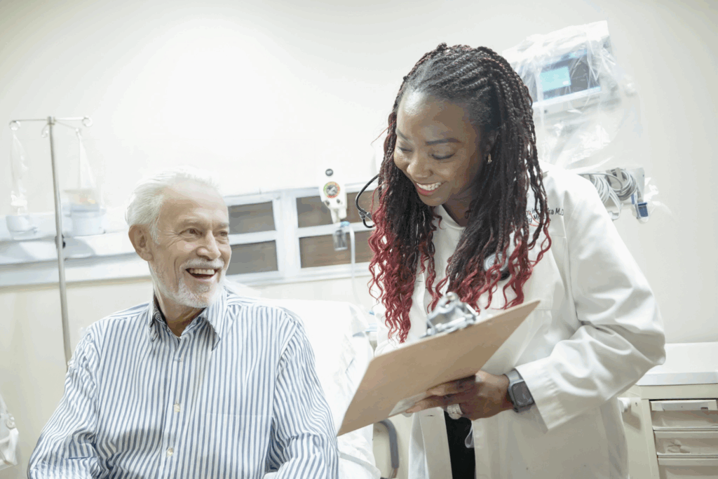Image of senior patient undergoing treatment and speaking with a provider